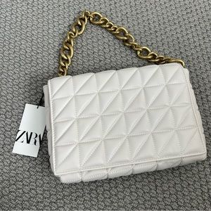 Cream Faux Leather Shoulder Bag Envelope Purse Zara Light Tan Bronze Gold Chain